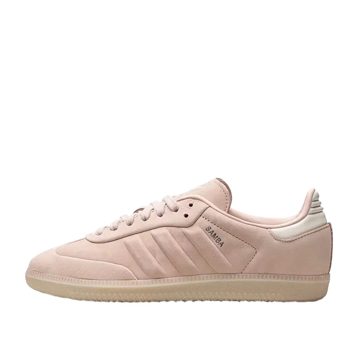 Adidas Samba Wonder sneakers, side view, model IE4958, all pink with light gum sole.