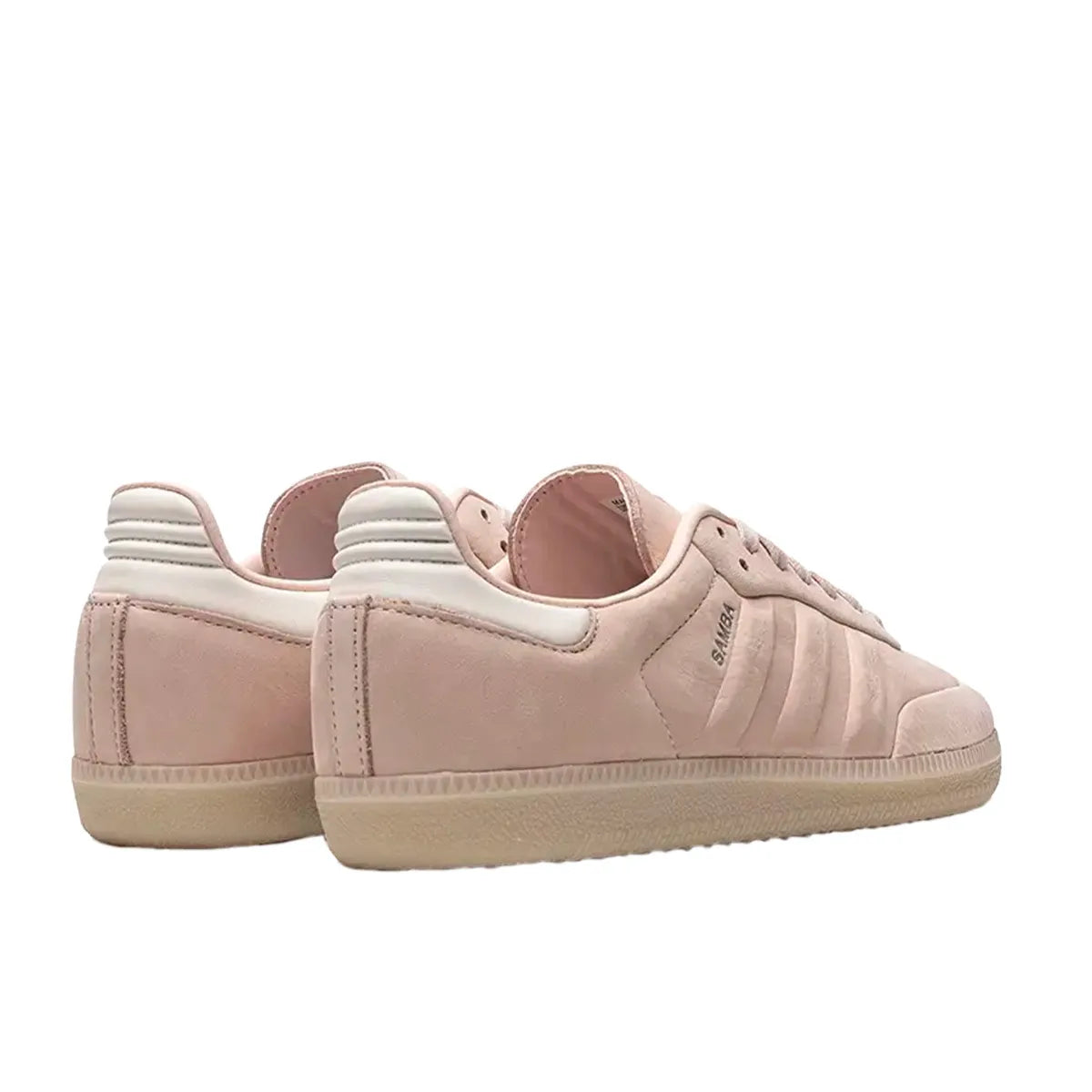 Adidas Samba Wonder sneakers, back view, model IE4958, all pink with light gum sole.