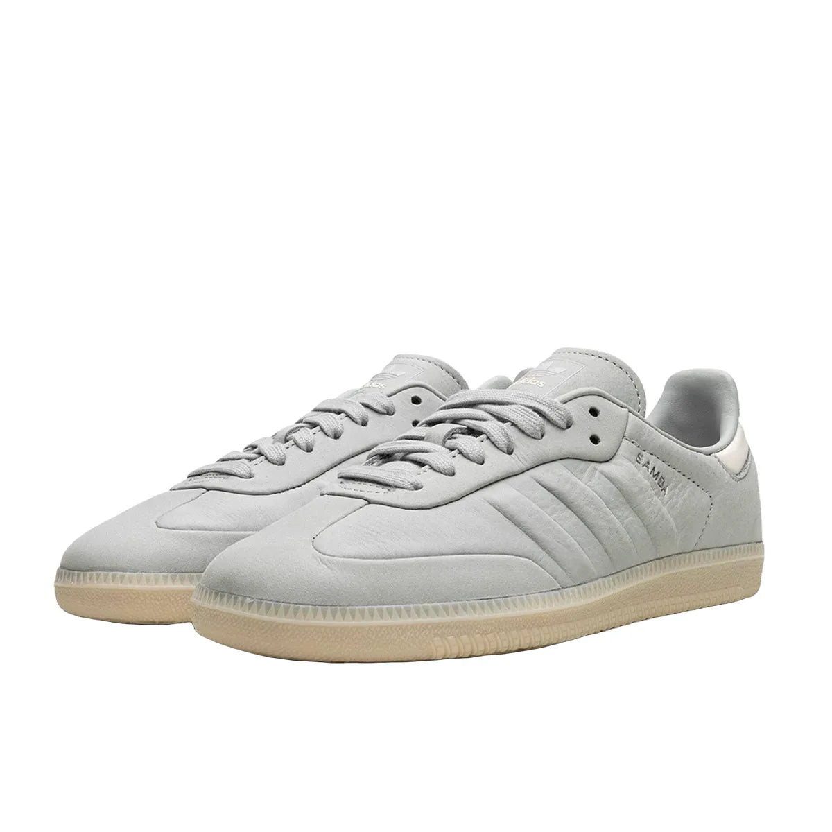 Adidas Samba Wonder Silver sneakers, front view, model IE4957, light silver with white and gum sole accents.