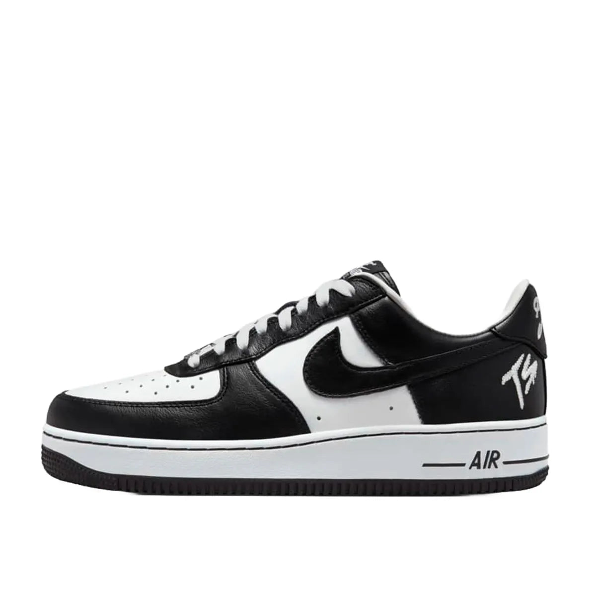 Nike Air Force 1 x Terror Squad sneakers, side view, model FJ5756-100 in black with white details.