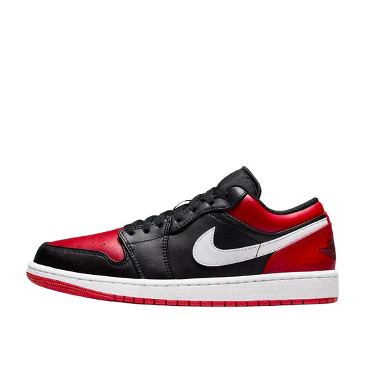 Air Jordan 1 Low Alternate Bred sneakers, side view, model 553558-066, black and red.