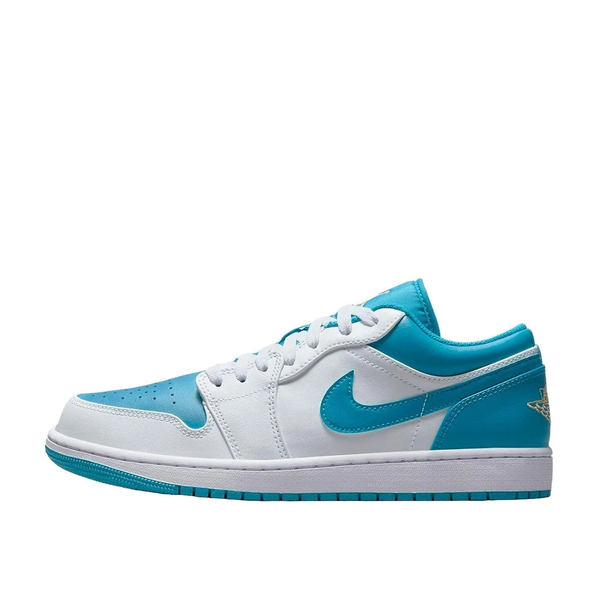 Air Jordan 1 Low sneakers, side view, model 553558-174, aquatone with white and navy accents.