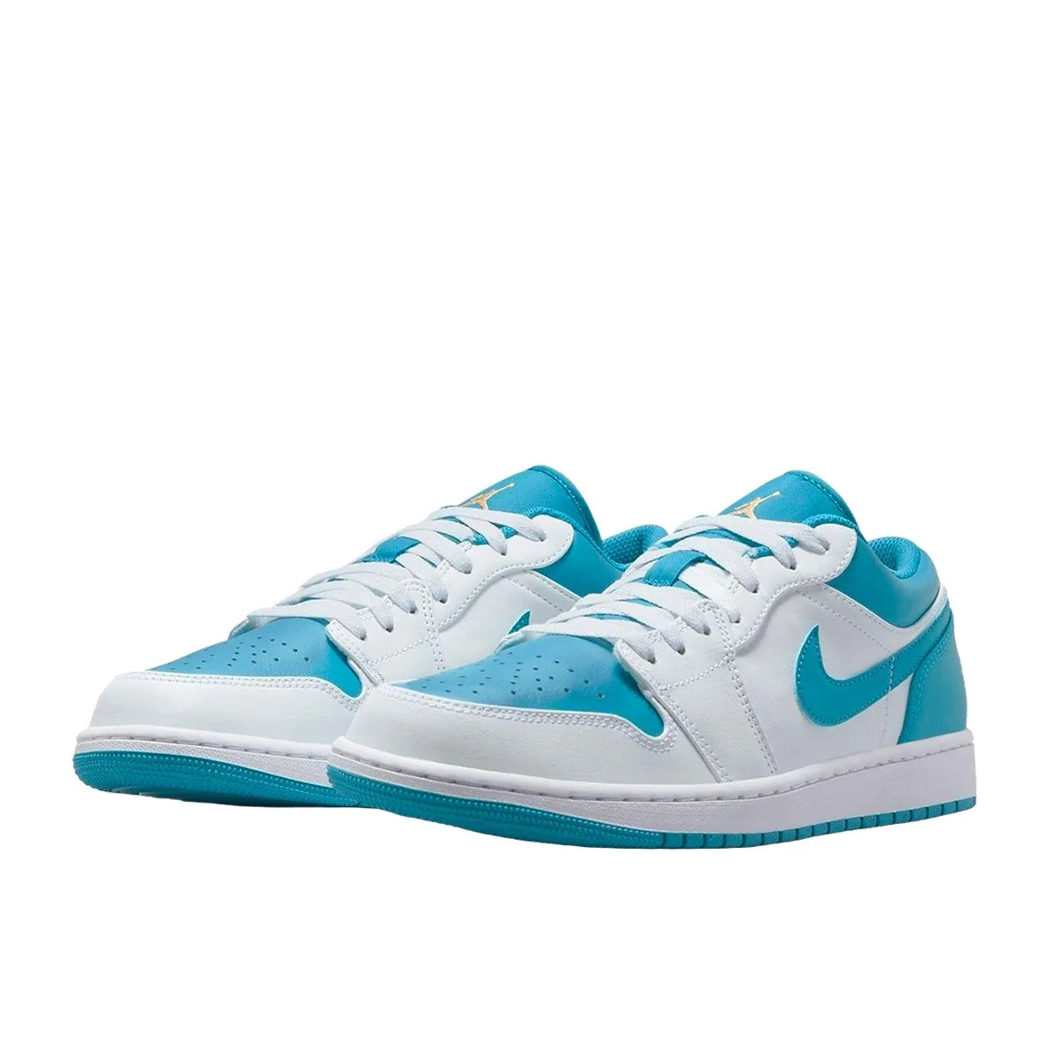 Air Jordan 1 Low sneakers, front view, model 553558-174, aquatone with white and navy accents.