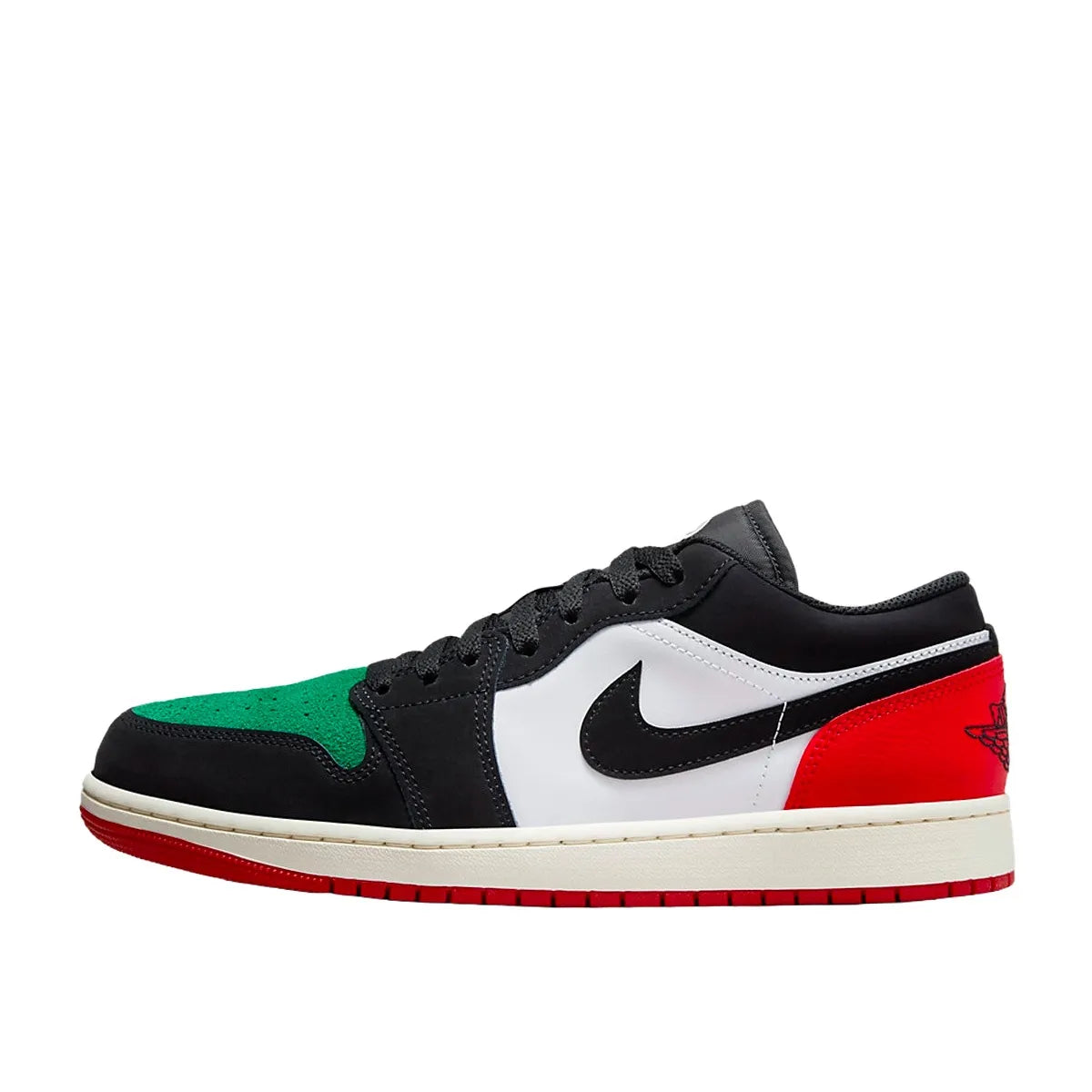 Air Jordan 1 Low Quai 54 2023 sneakers, side view, model FQ6703-100, white with multicolored accents.