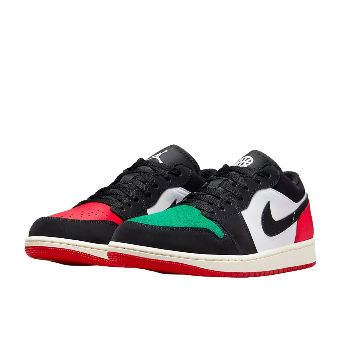 Air Jordan 1 Low Quai 54 2023 sneakers, front view, model FQ6703-100, white with multicolored accents.