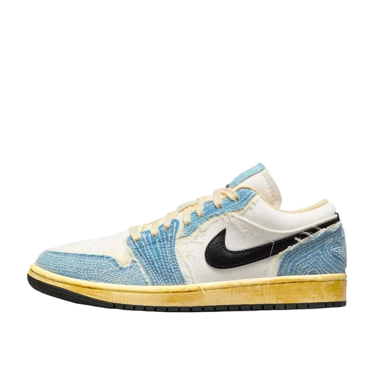 Air Jordan 1 Low SE WRMK Sashiko sneakers, side view, model FN7670-493, blue with sashiko stitching.