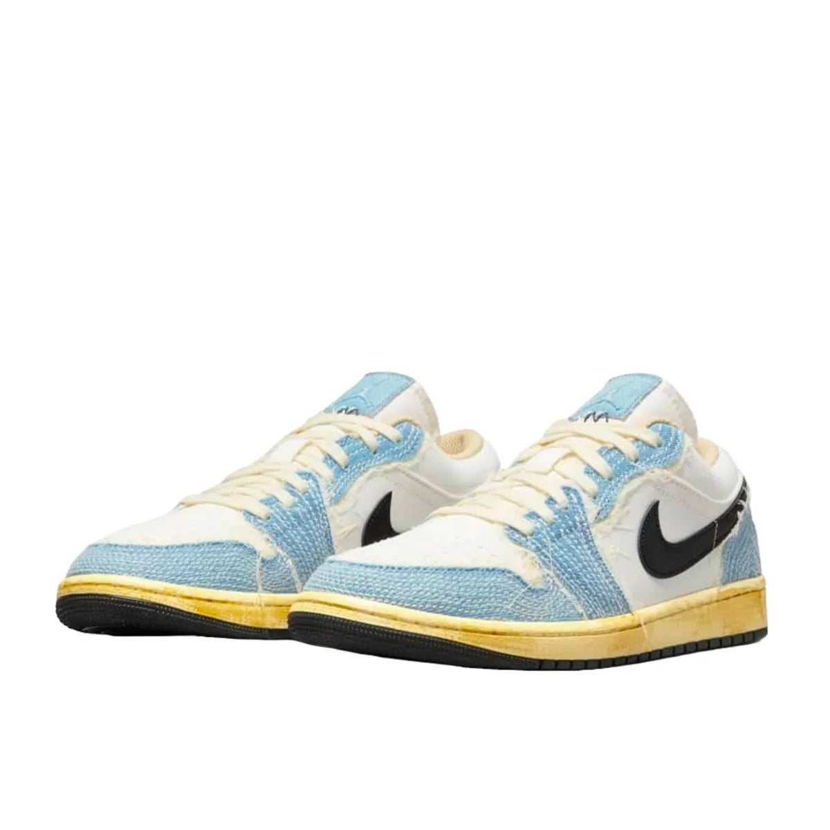 Air Jordan 1 Low SE WRMK Sashiko sneakers, front view, model FN7670-493, blue with sashiko stitching.