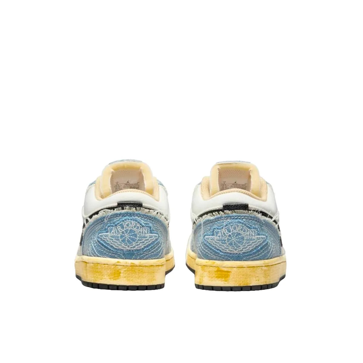 Air Jordan 1 Low SE WRMK Sashiko sneakers, back view, model FN7670-493, blue with sashiko stitching.