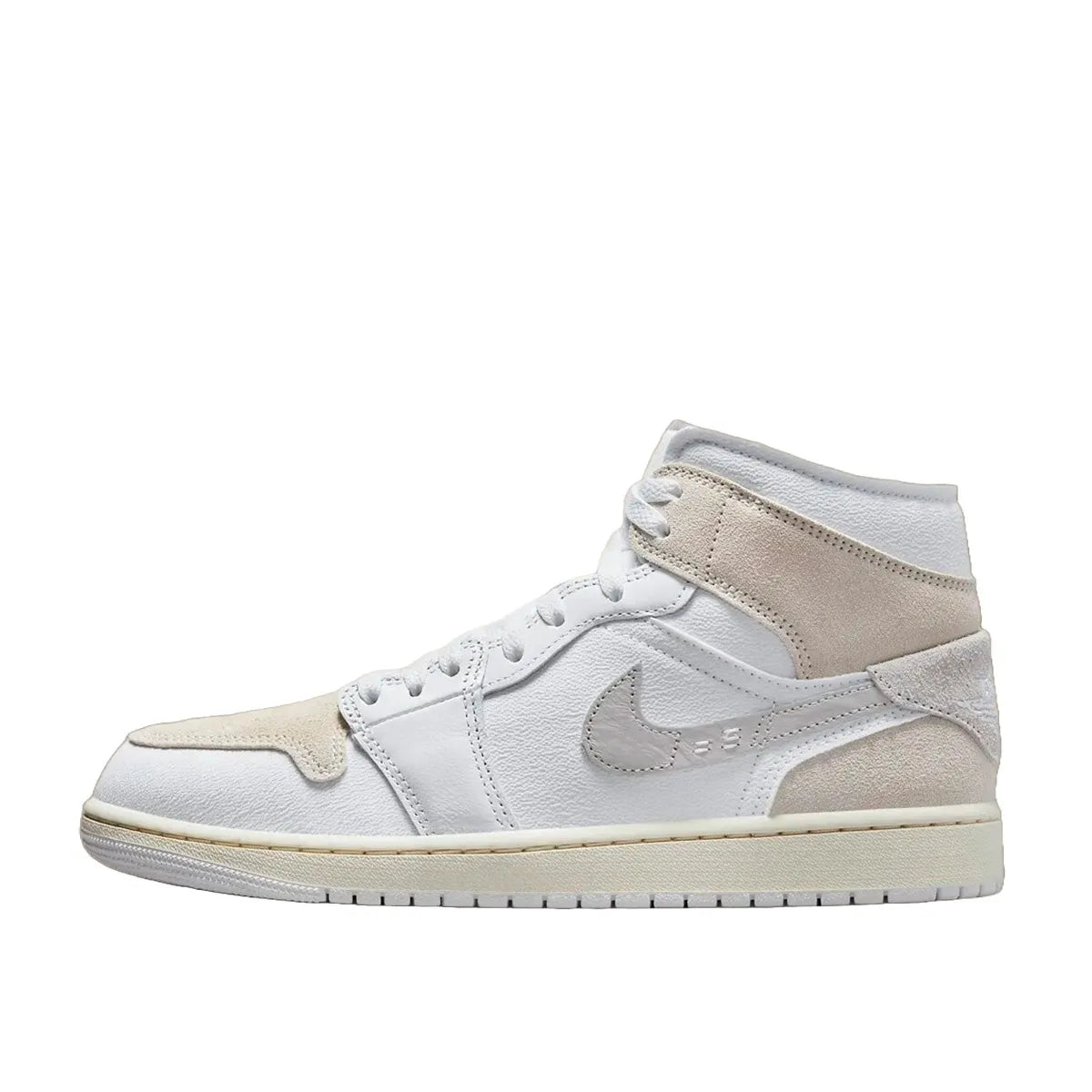 Air Jordan 1 Mid SE Craft sneakers, side view, model DM9652-120, tech grey with white and light grey accents.