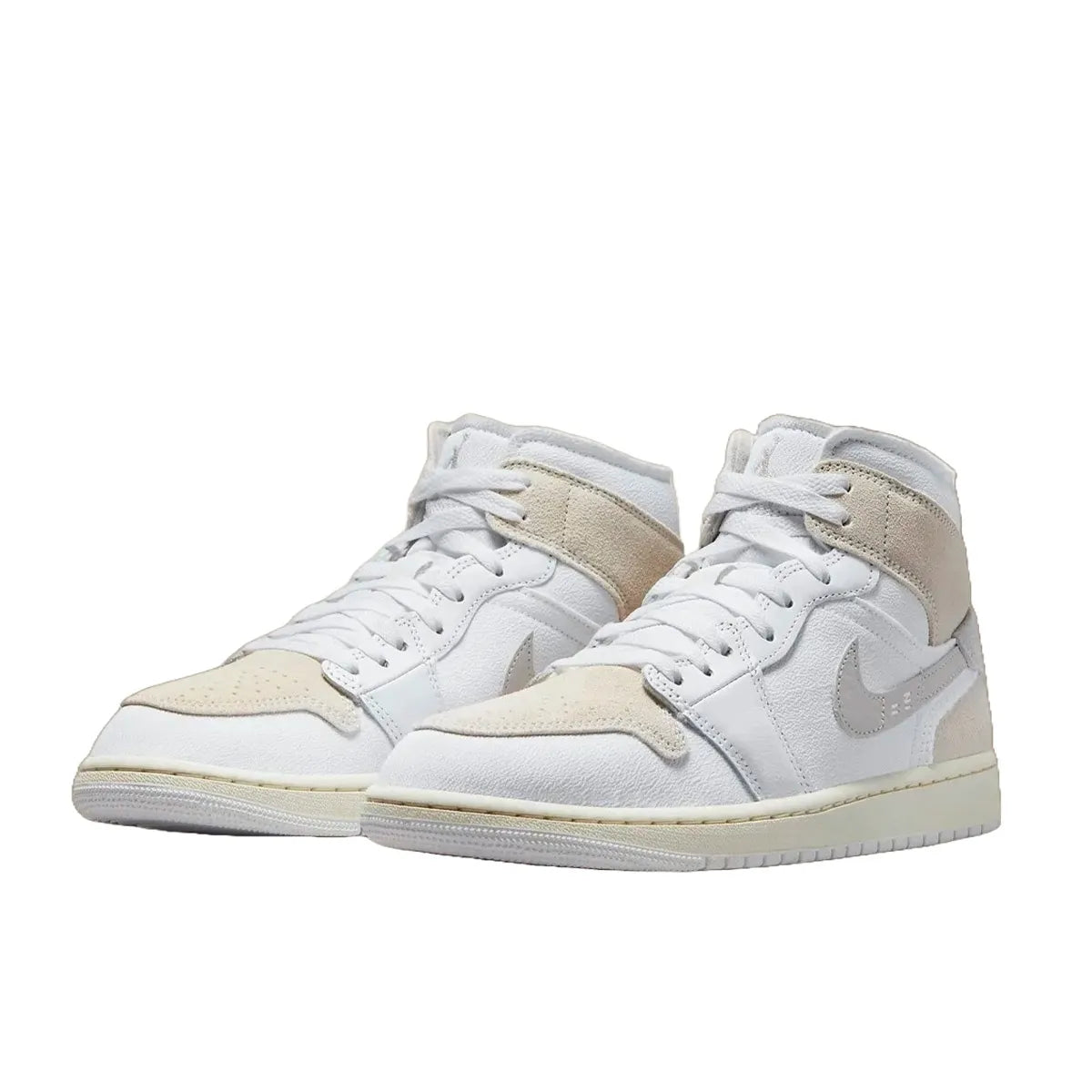 Air Jordan 1 Mid SE Craft sneakers, front view, model DM9652-120, tech grey with white and light grey accents.