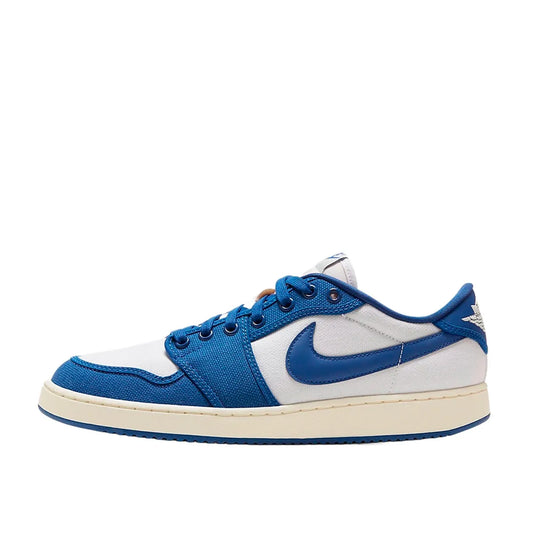 Air Jordan 1 Retro AJKO Low sneakers, side view, model DX4981-103, white and blue Kentucky colors.