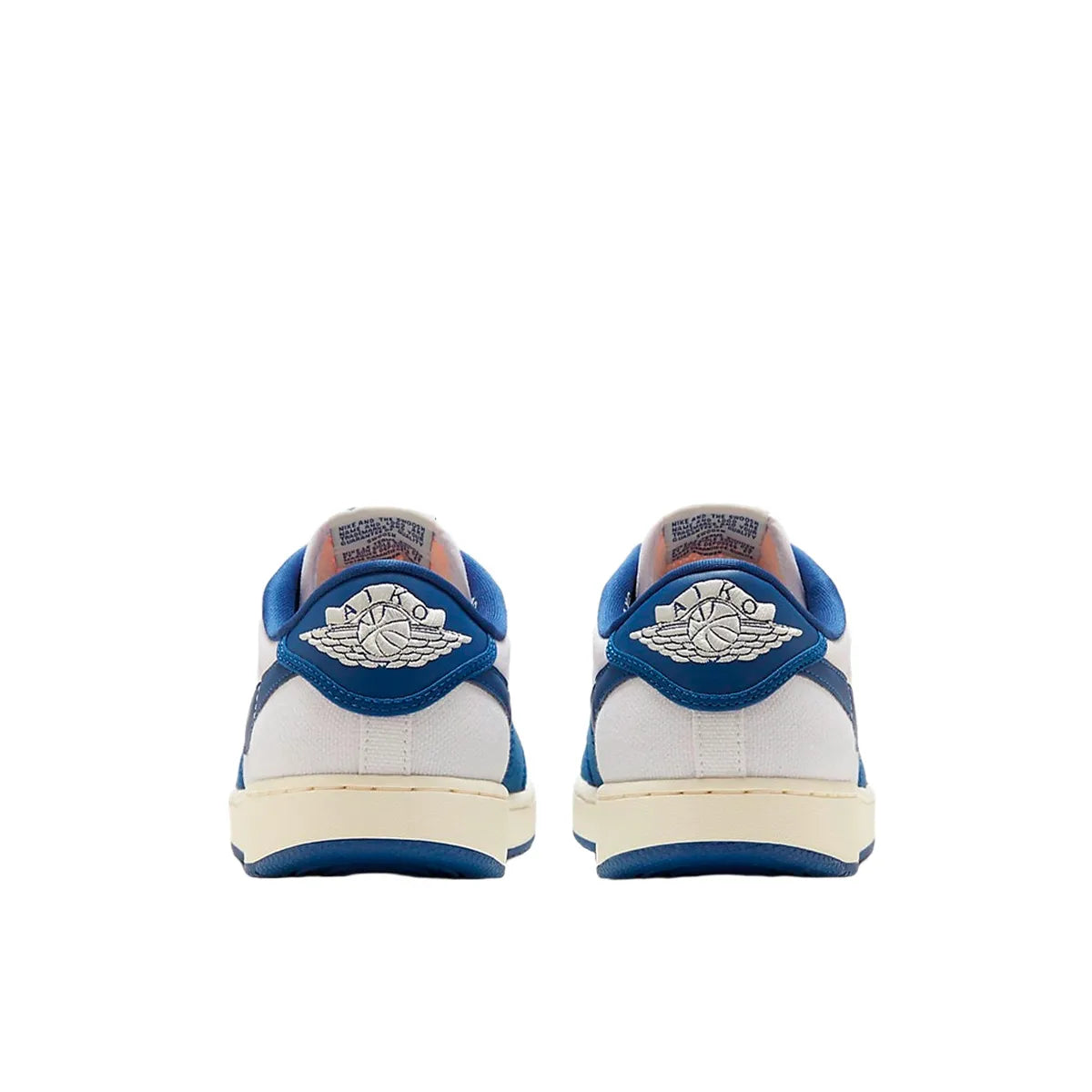 Air Jordan 1 Retro AJKO Low sneakers, back view, model DX4981-103, white and blue Kentucky colors.