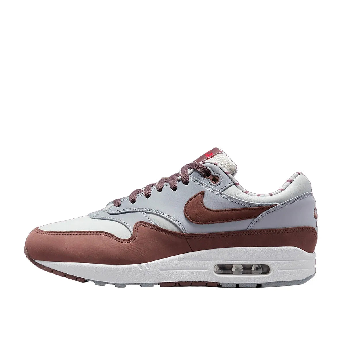 Nike Air Max 1 Premium Shima Shima 2023 sneakers, side view, model FB8916-100, brown with white and grey accents.