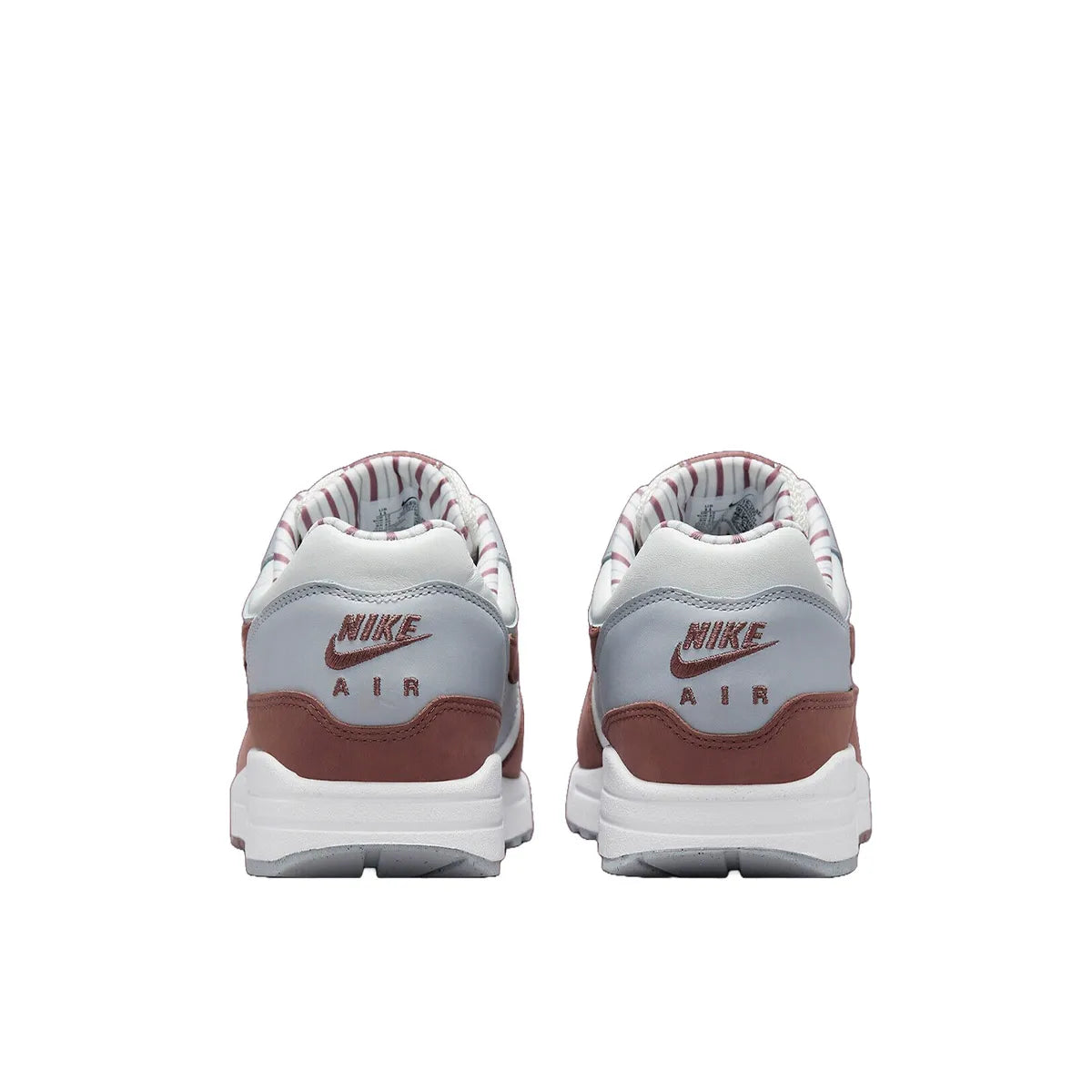 Nike Air Max 1 Premium Shima Shima 2023 sneakers, back view, model FB8916-100, brown with white and grey accents.