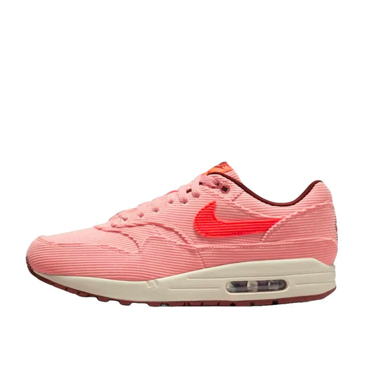 Nike Air Max 1 PRM Corduroy sneakers, side view, model FB8915-600 in coral red.