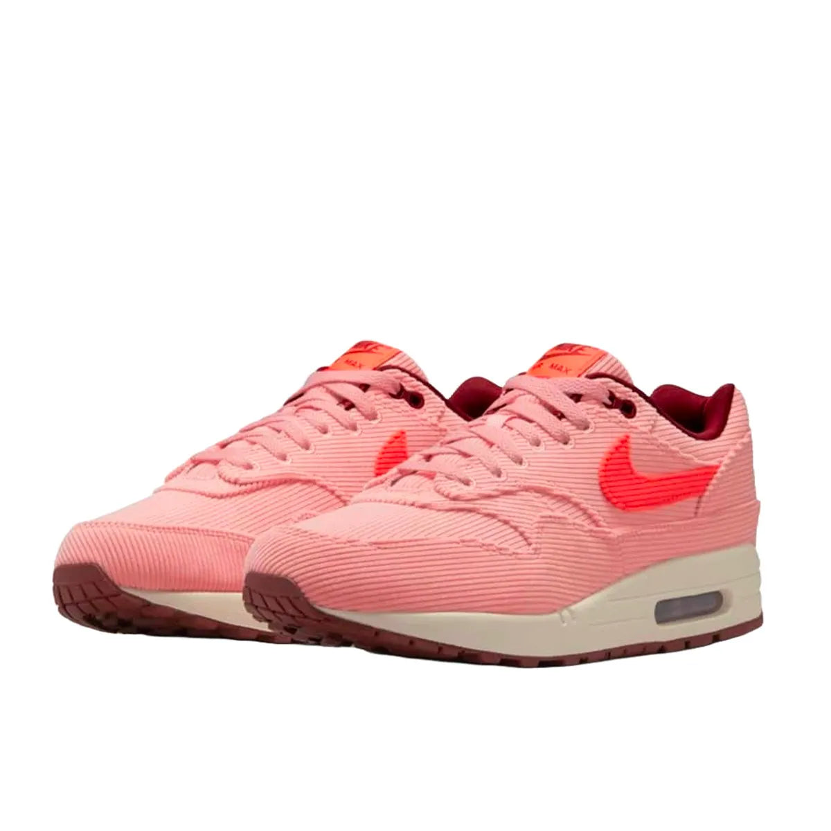 Nike Air Max 1 PRM Corduroy sneakers, front view, model FB8915-600 in coral red.