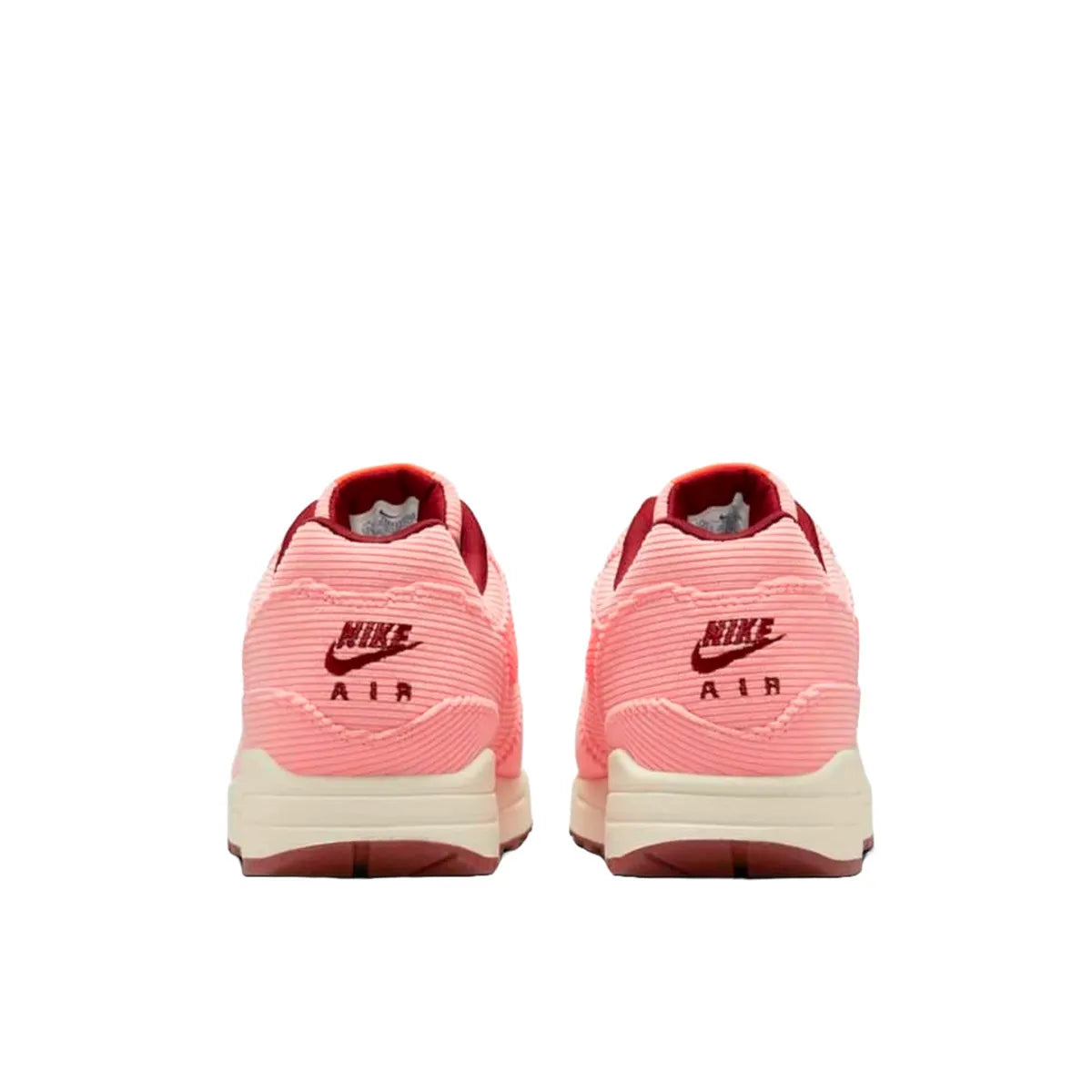 Nike Air Max 1 PRM Corduroy sneakers, back view, model FB8915-600 in coral red.