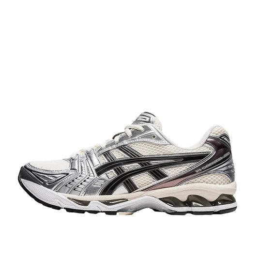 ASICS Gel-Kayano 14 sneakers, side view, model 1201A019-108, cream with black and metallic plum.