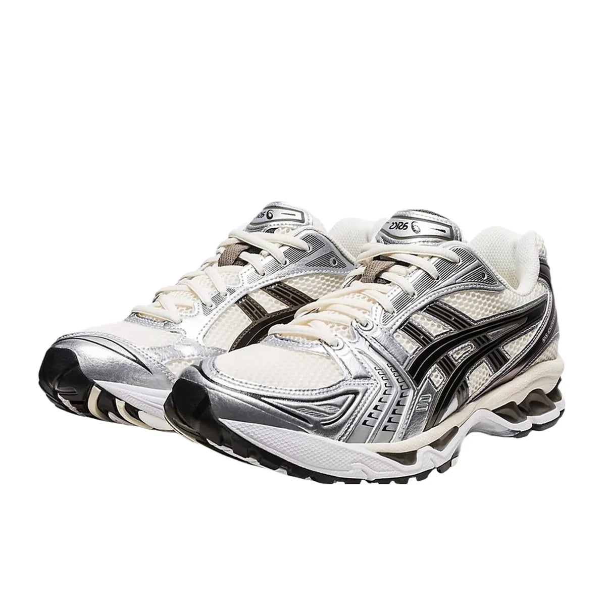 ASICS Gel-Kayano 14 sneakers, front view, model 1201A019-108, cream with black and metallic plum.