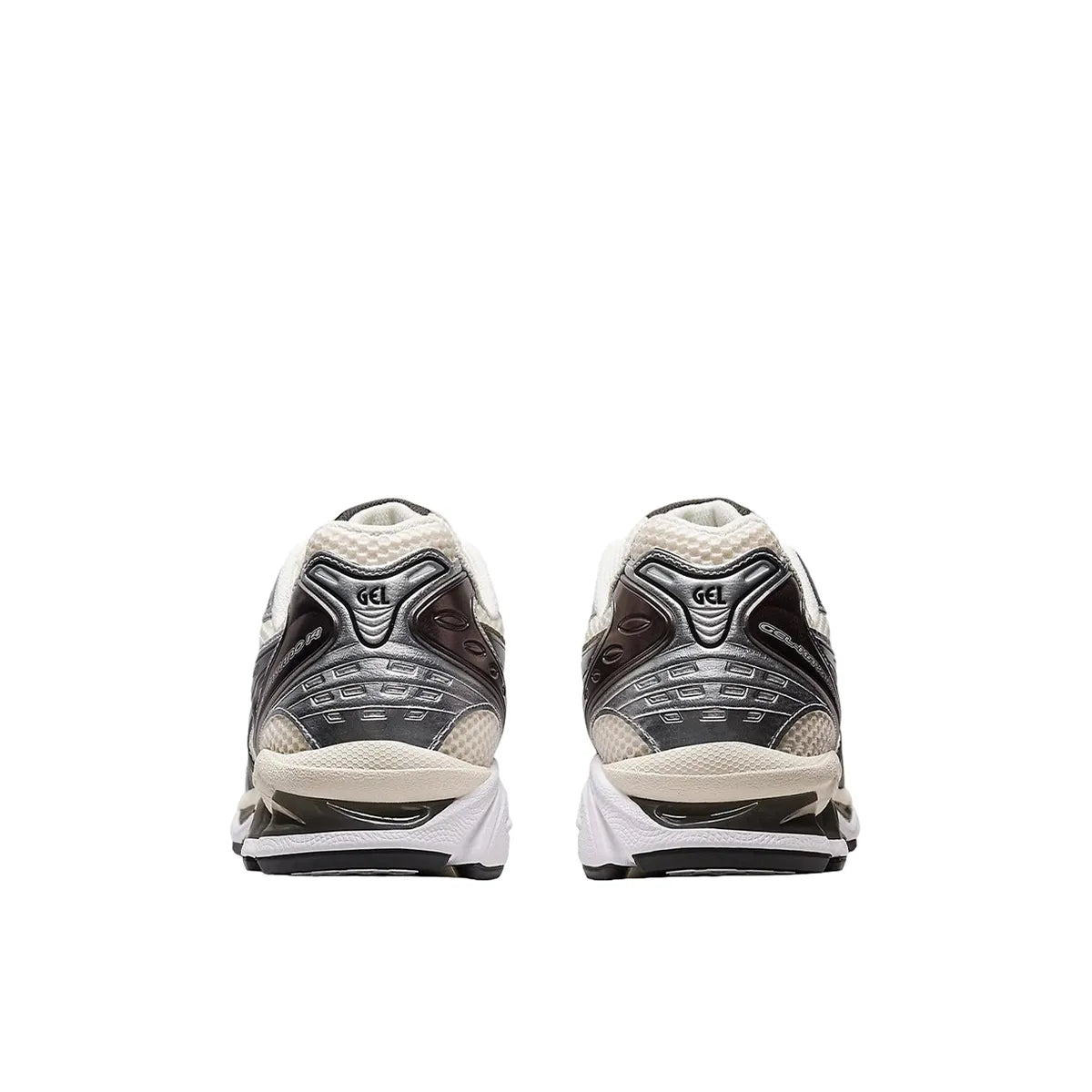 ASICS Gel-Kayano 14 sneakers, back view, model 1201A019-108, cream with black and metallic plum.