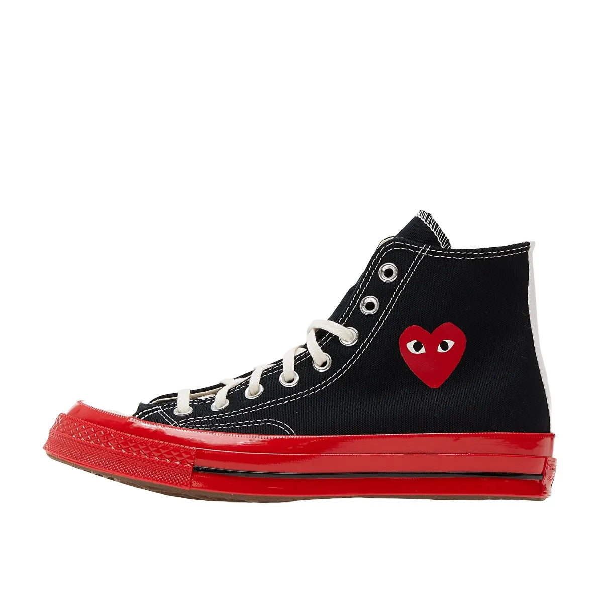 Converse Chuck Taylor All Star 70 Hi CDG Play sneakers, side view, model A01793C, black with red midsole.