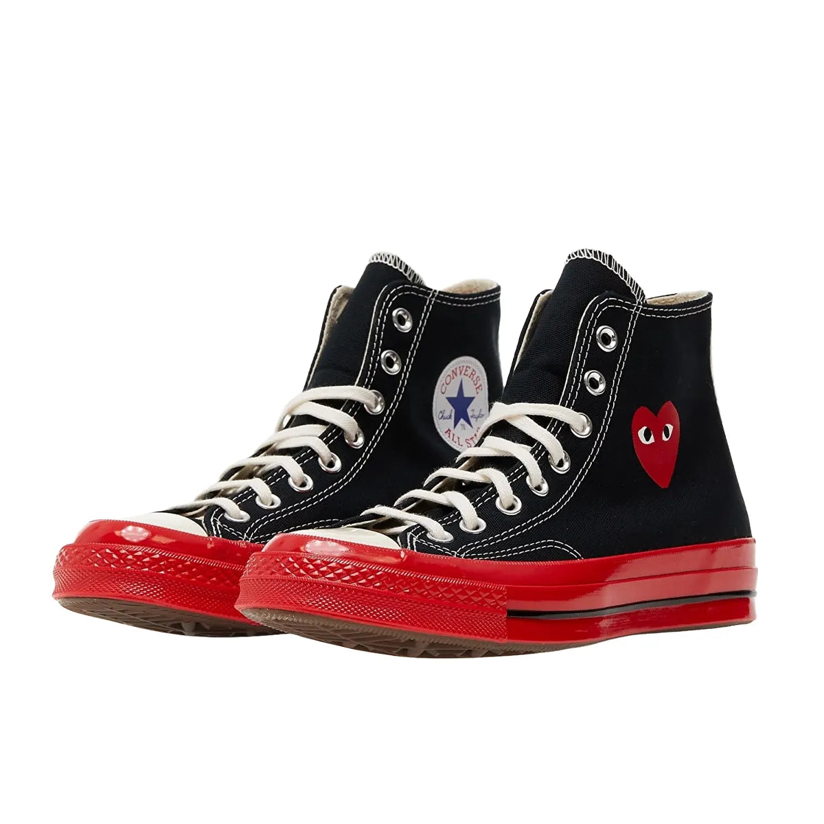 Converse Chuck Taylor All Star 70 Hi CDG Play sneakers, front view, model A01793C, black with red midsole.