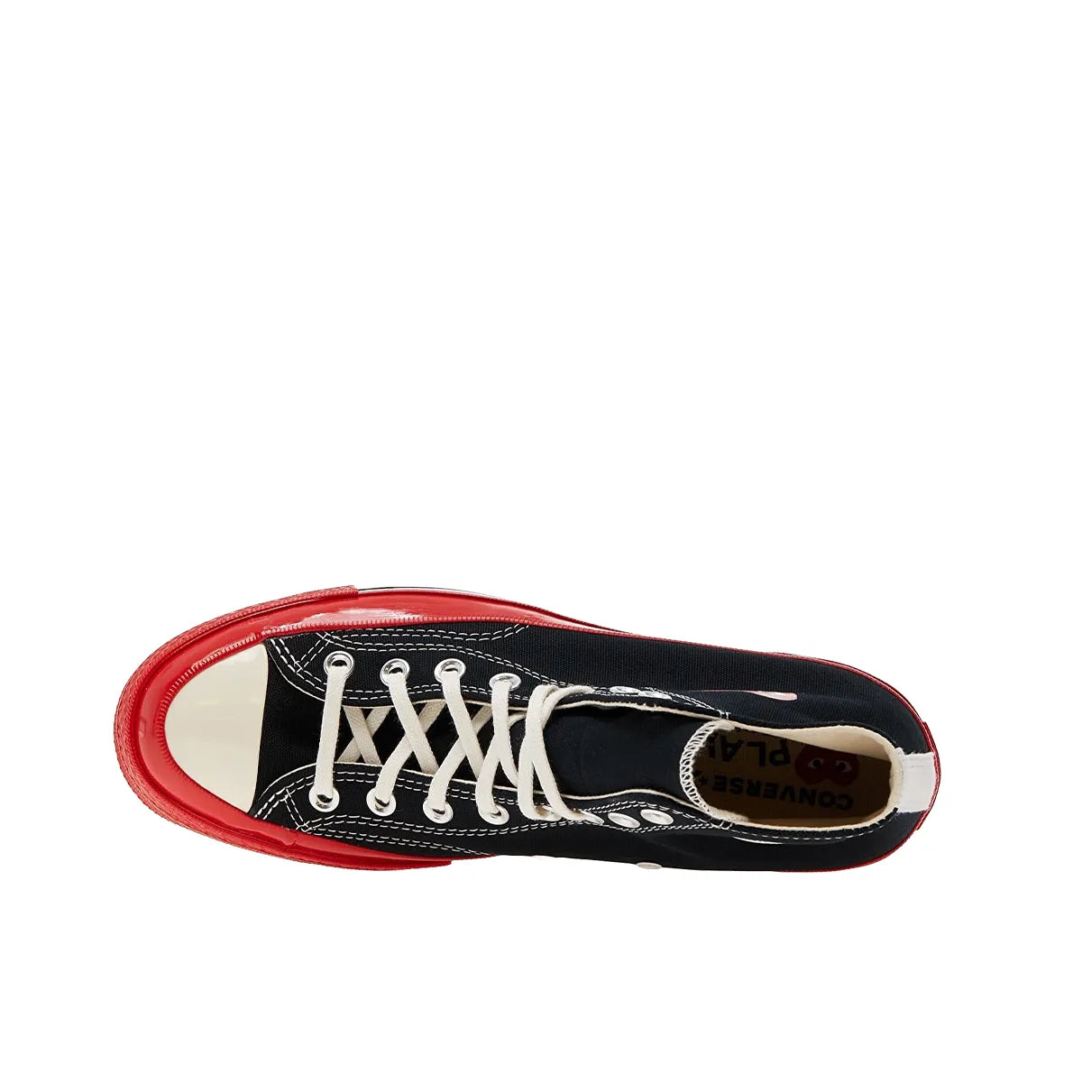 Converse Chuck Taylor All Star 70 Hi CDG Play sneakers, top view, model A01793C, black with red midsole.