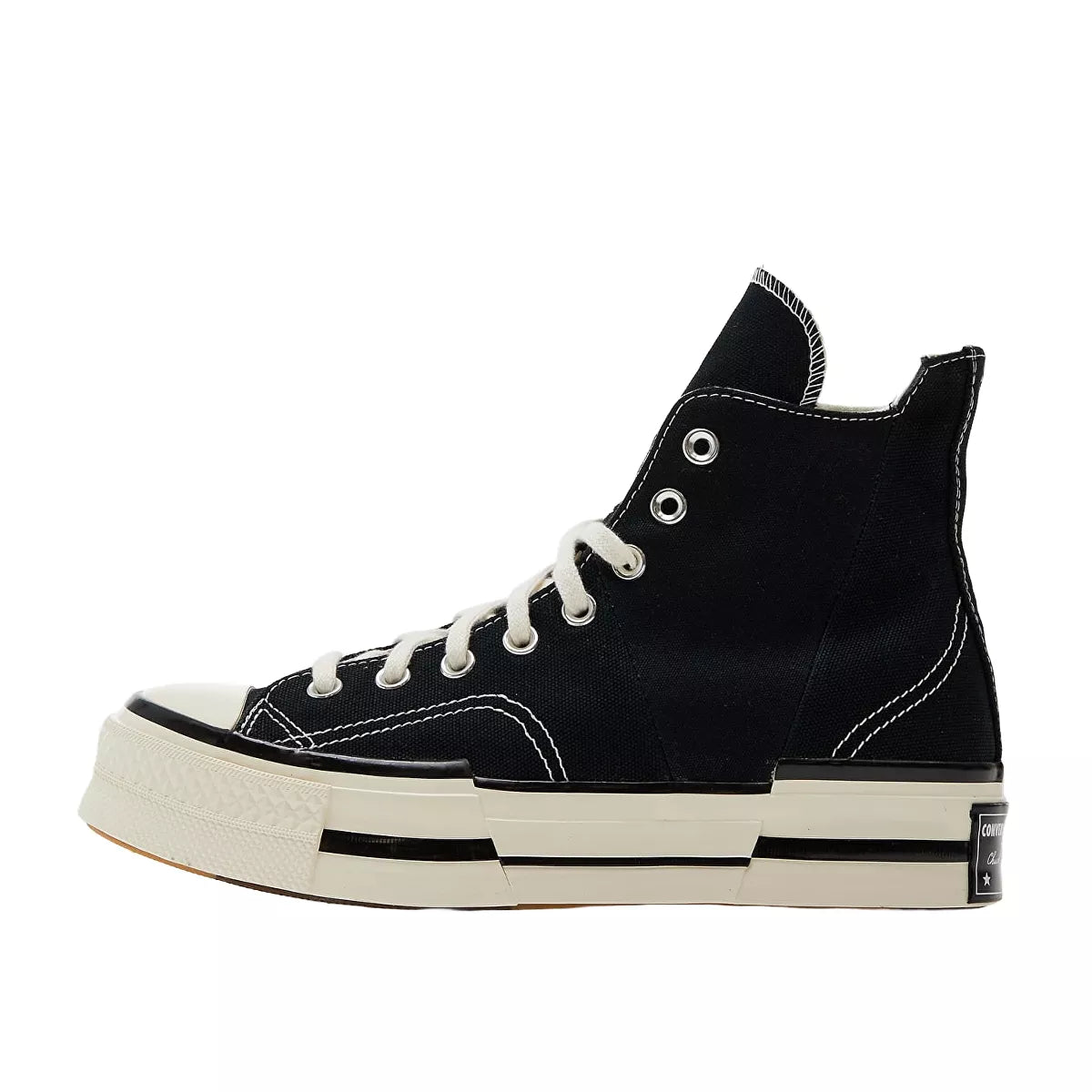 Converse Chuck Taylor All Star 70 Hi Plus sneakers, side view, model A00916C-1, black canvas with white details.