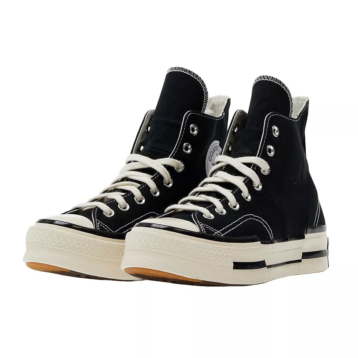 Converse Chuck Taylor All Star 70 Hi Plus sneakers, front view, model A00916C-1, black canvas with white details.