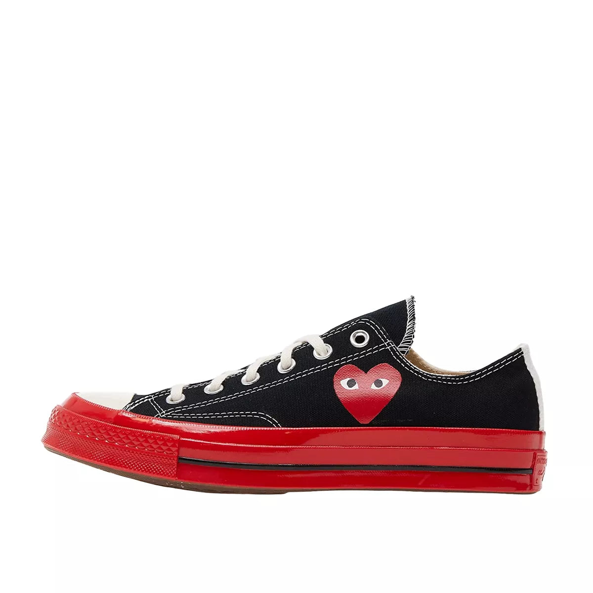 Converse Chuck Taylor All Star 70 Ox CDG Play sneakers, side view, model A01795C, black with red midsole and heart logo.