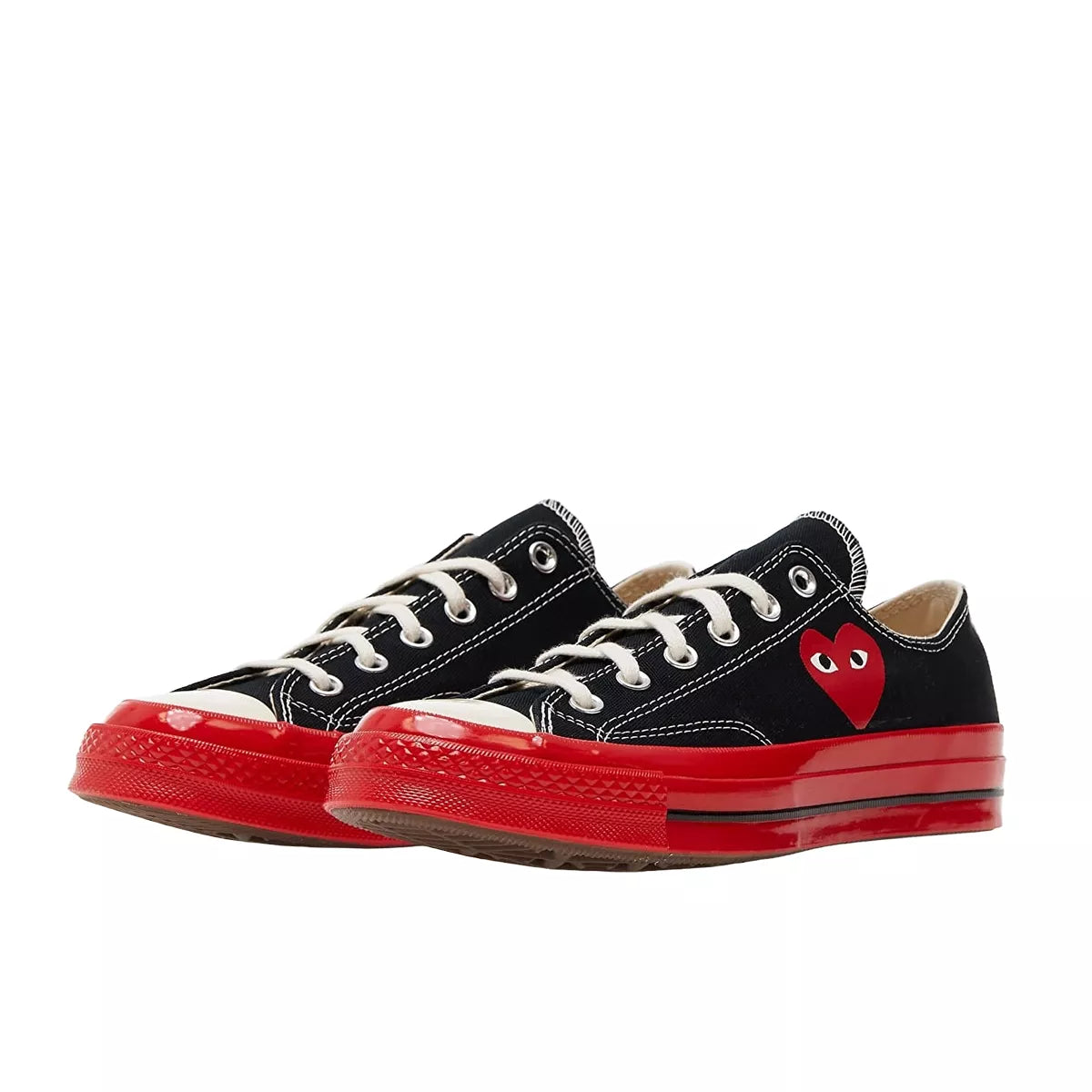 Converse Chuck Taylor All Star 70 Ox CDG Play sneakers, front view, model A01795C, black with red midsole and heart logo.