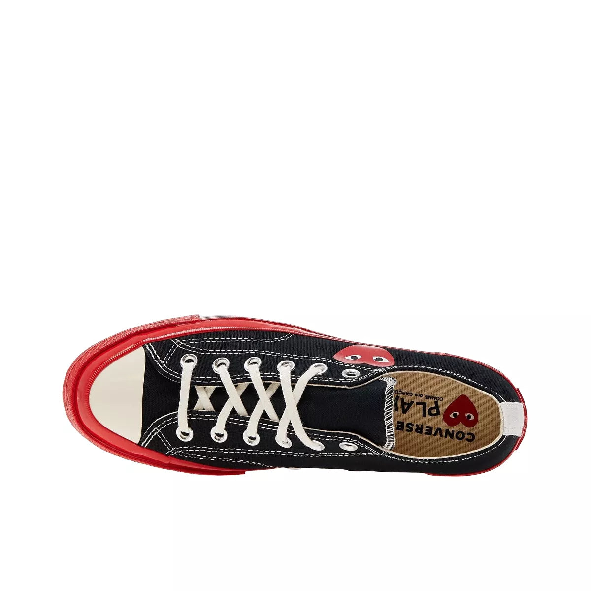 Converse Chuck Taylor All Star 70 Ox CDG Play sneakers, top view, model A01795C, black with red midsole and heart logo.