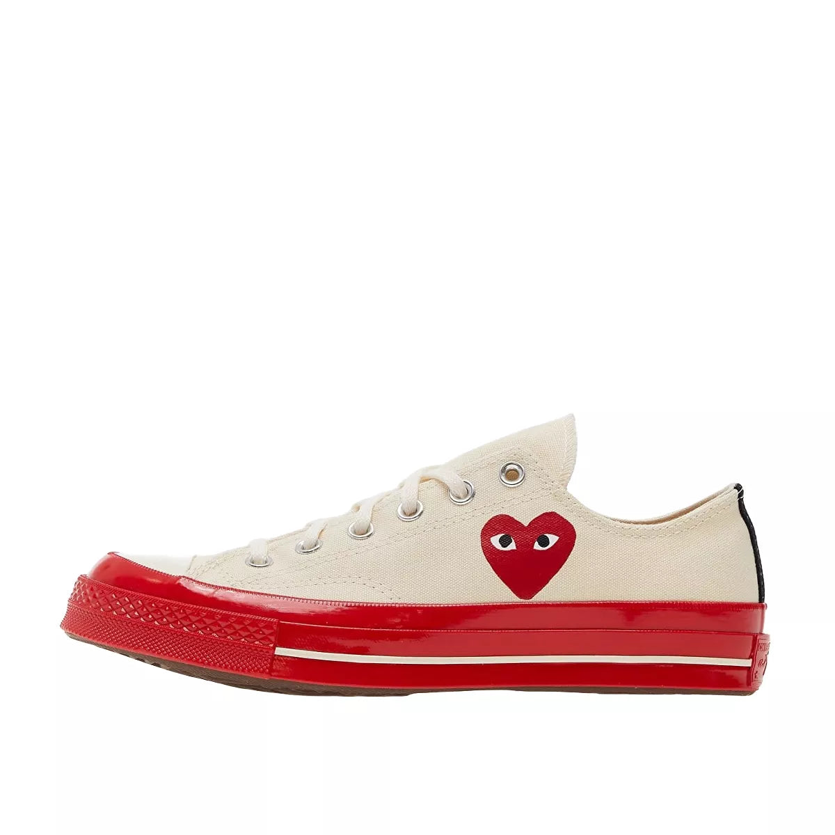 Converse Chuck Taylor All Star 70 Ox CDG Play sneakers, side view, model A01796C, Egret with red midsole.