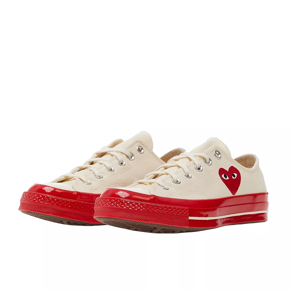 Converse Chuck Taylor All Star 70 Ox CDG Play sneakers, front view, model A01796C, Egret with red midsole.