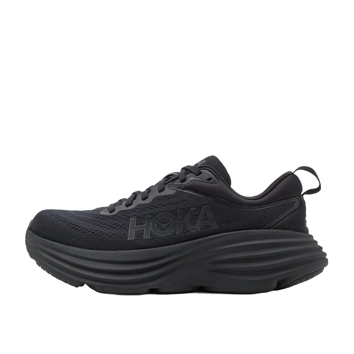 Hoka One One Bondi 8 sneakers, side view, model 1123202-BBLC, in triple black with plush cushioning.