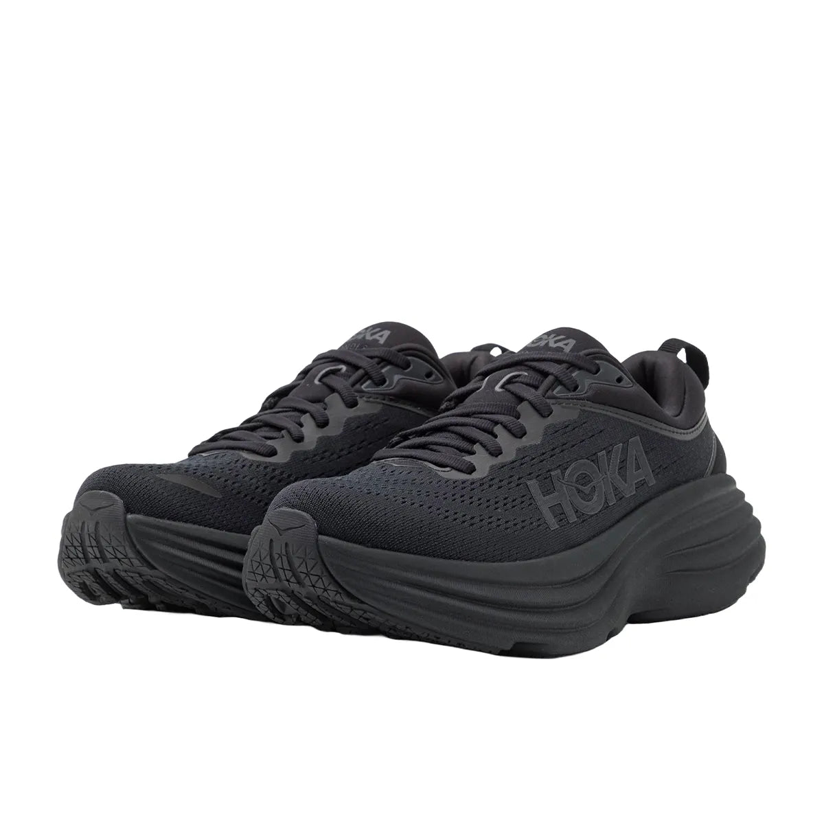 Hoka One One Bondi 8 sneakers, front view, model 1123202-BBLC, in triple black with plush cushioning.