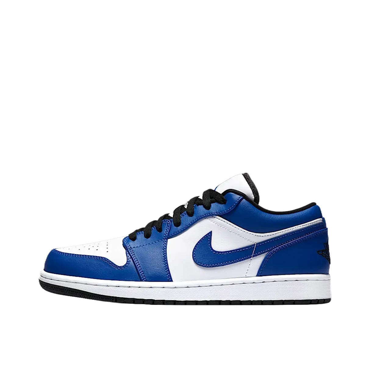 Jordan 1 Low Game Royal sneakers, side view, in blue and white with black overlays.
