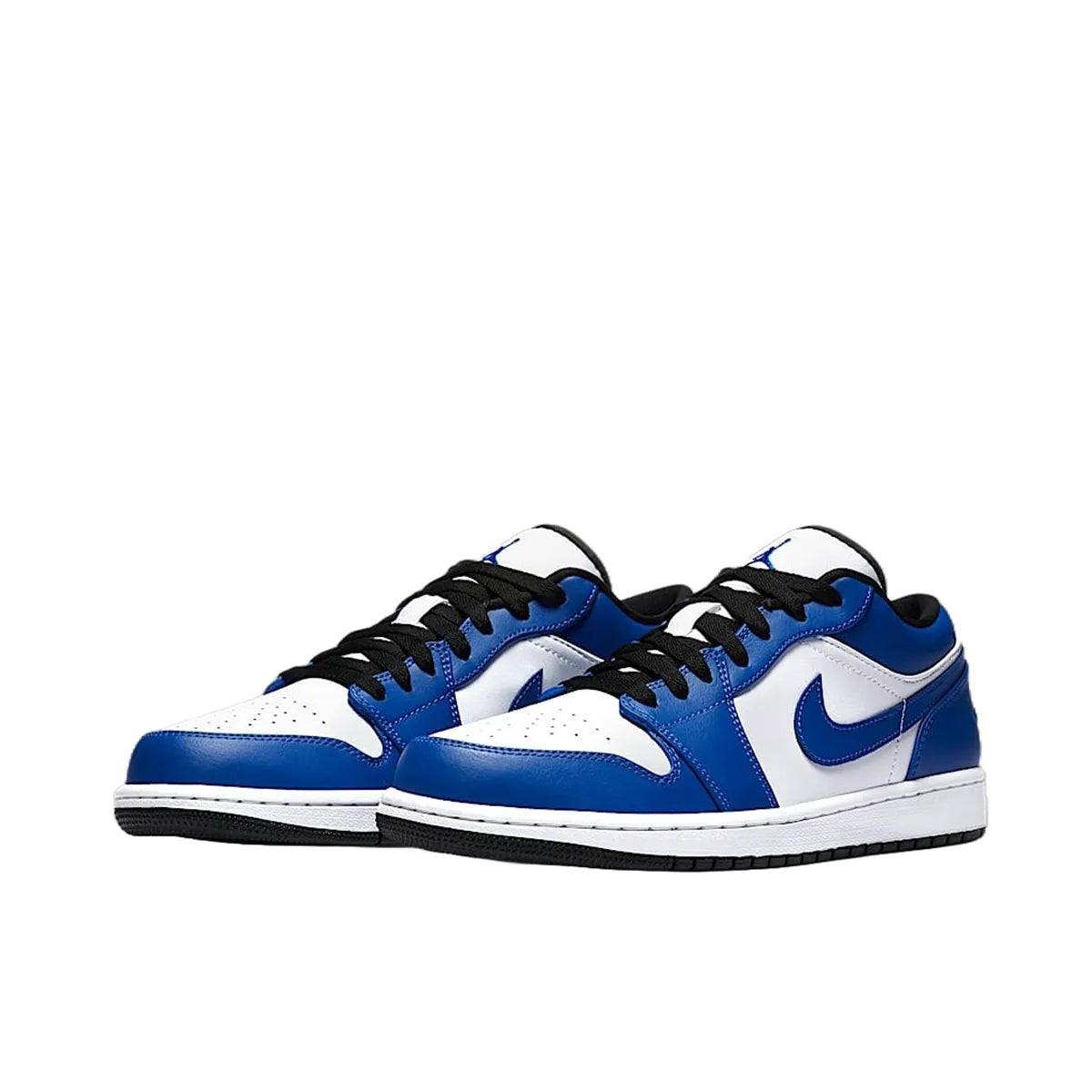 Jordan 1 Low Game Royal sneakers, front view, in blue and white with black overlays.