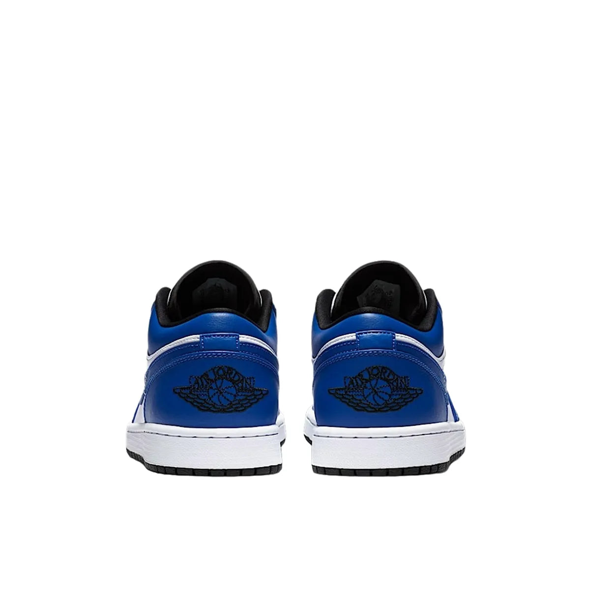 Jordan 1 Low Game Royal sneakers, back view, in blue and white with black overlays.