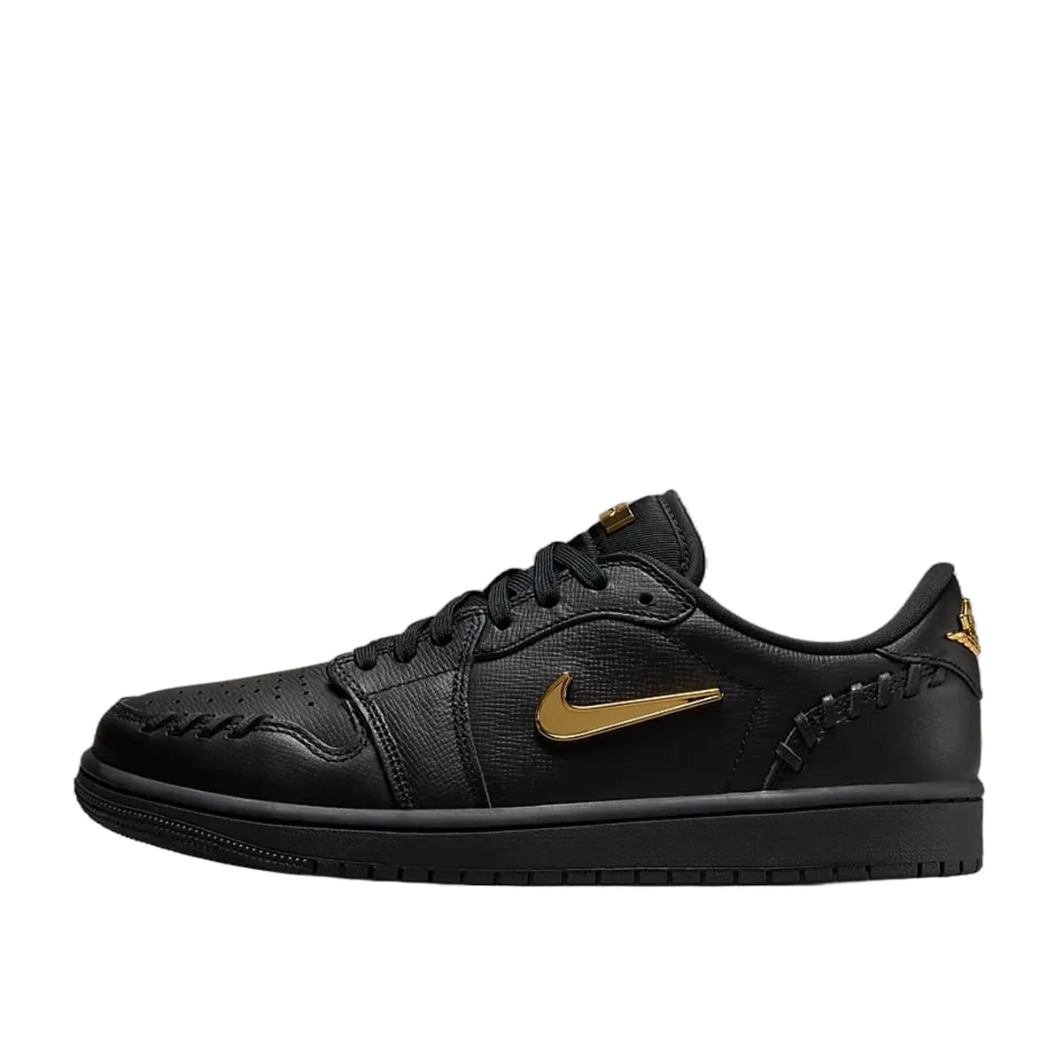 Jordan 1 Low Method of Make sneakers, side view, model FN5032-007, women's, black with metallic gold accents.