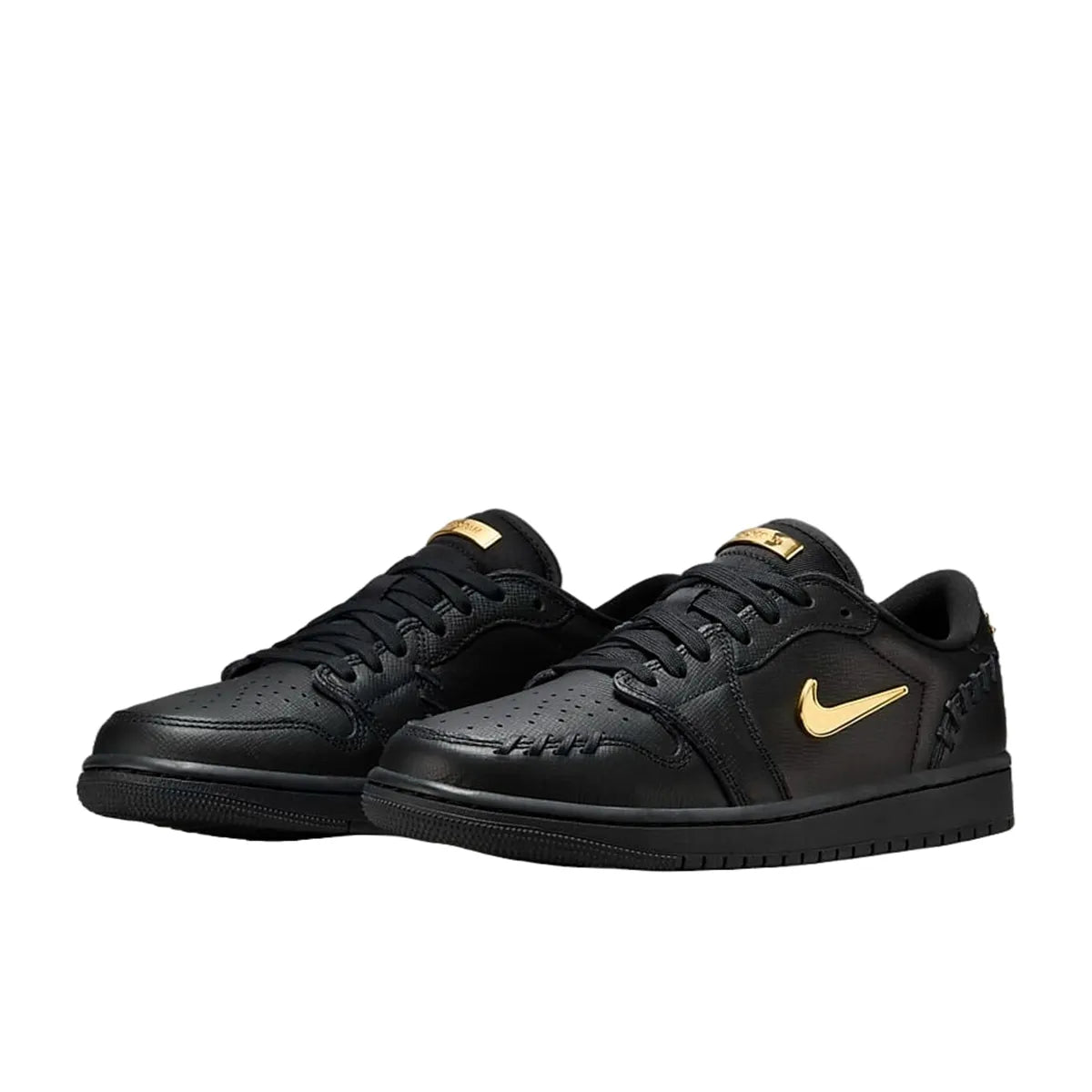 Jordan 1 Low Method of Make sneakers, front view, model FN5032-007, women's, black with metallic gold accents.