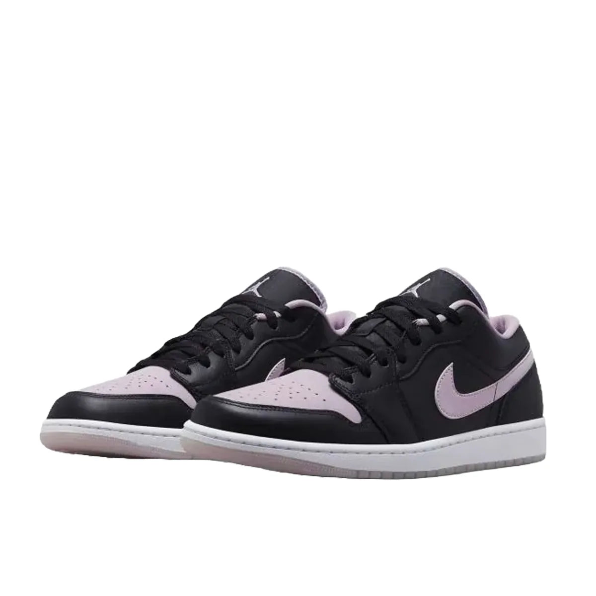 Jordan 1 Low SE sneakers, front view, model DV1309-051, black with iced lilac accents.