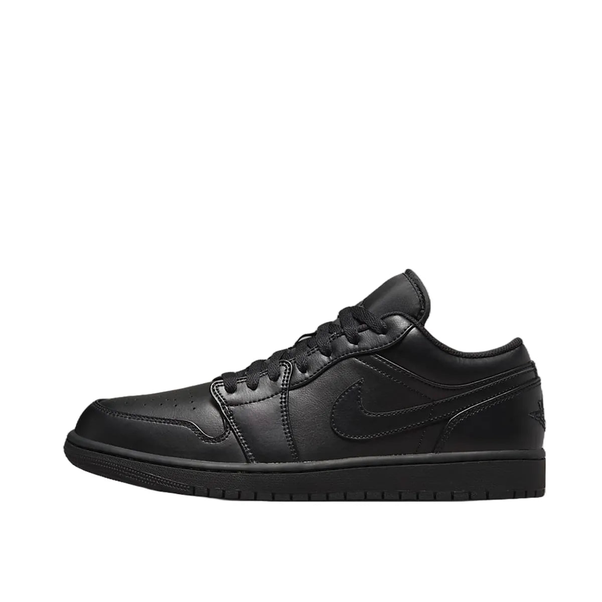 Jordan 1 Low Triple Black sneakers, side view, model 553558-093, in a sleek all-black design.