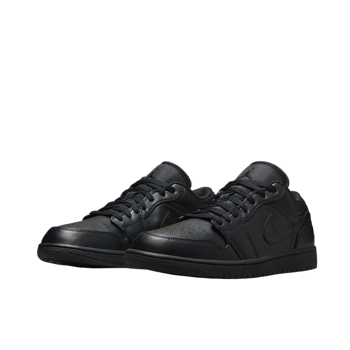 Jordan 1 Low Triple Black sneakers, front view, model 553558-093, in a sleek all-black design.