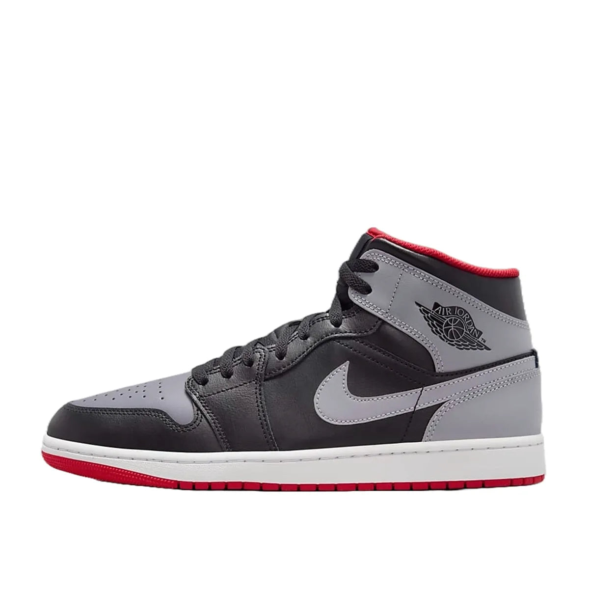 Jordan 1 Mid Bred Shadow sneakers, side view, model DQ8426-006, in black and red.