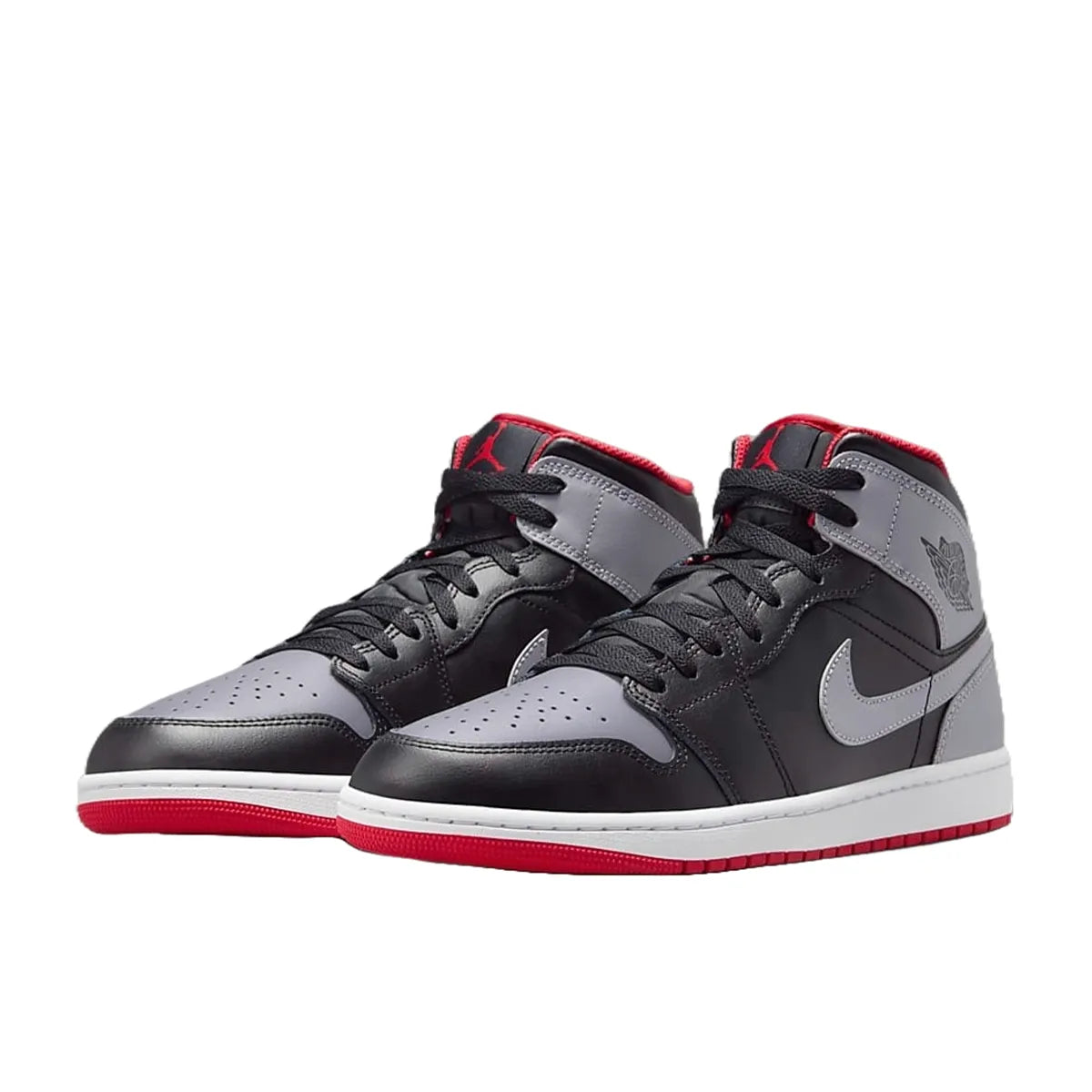 Jordan 1 Mid Bred Shadow sneakers, front view, model DQ8426-006, in black and red.