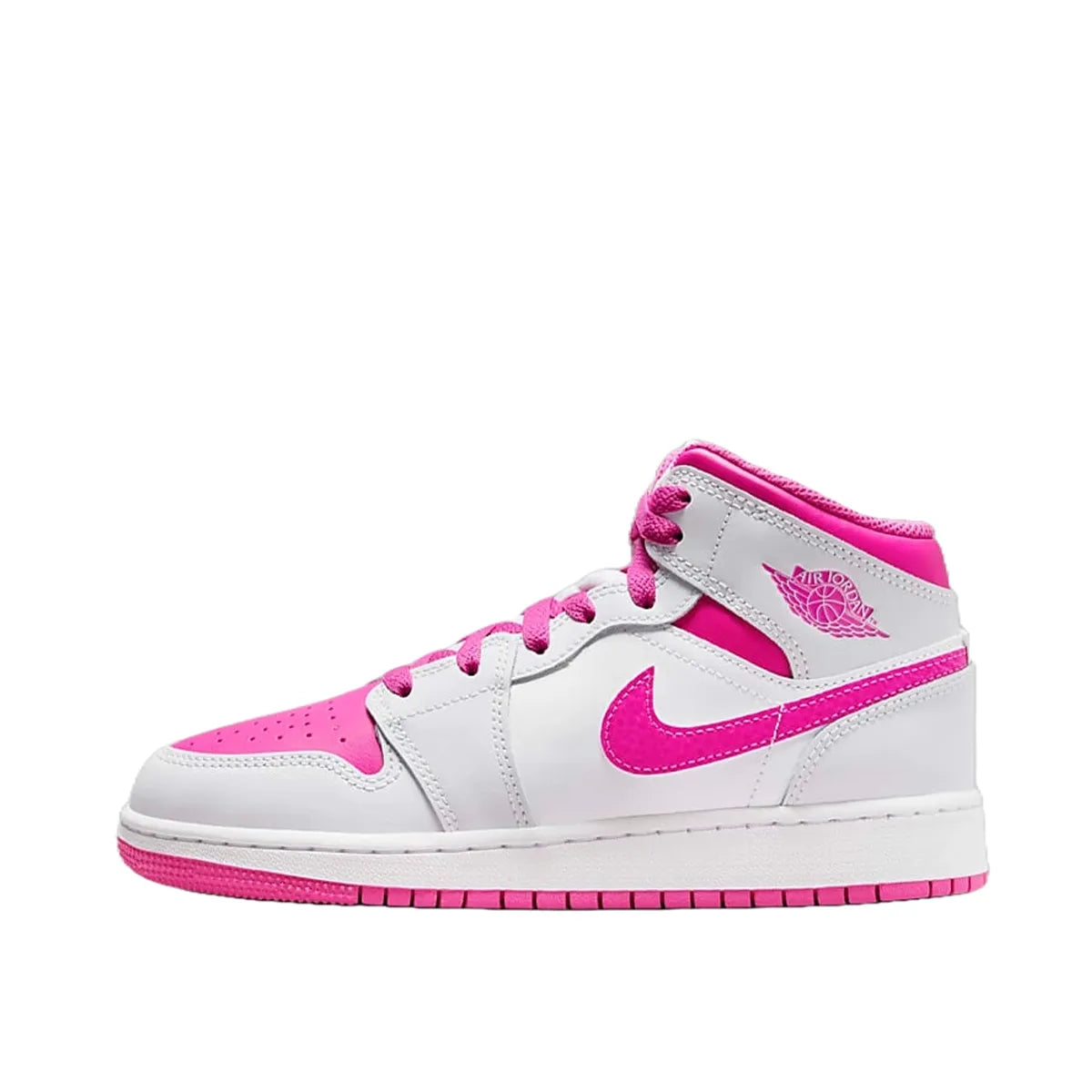 Jordan 1 Mid Fire Pink GS sneakers, side view, model FD8780-500, in vibrant fire pink with white accents.