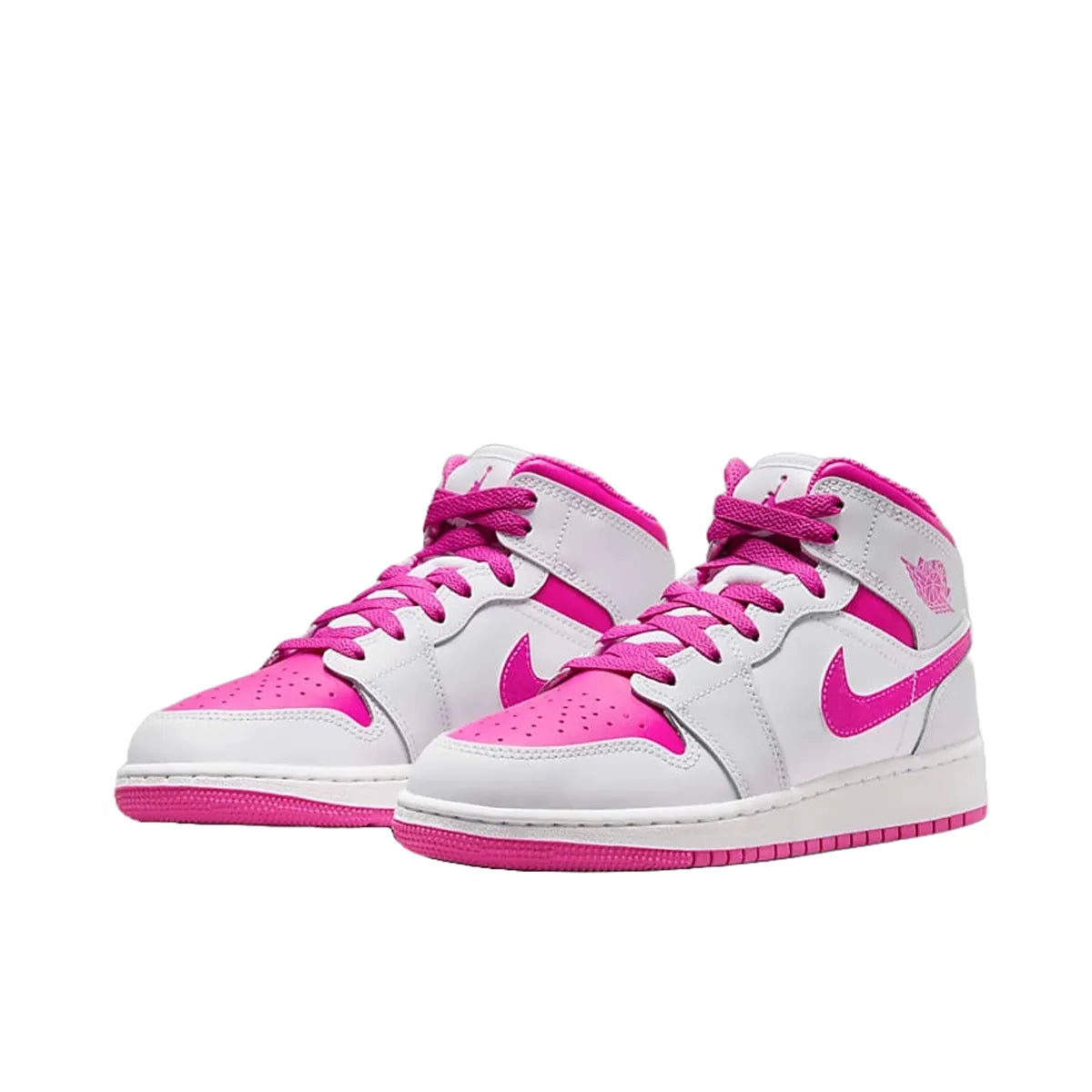 Jordan 1 Mid Fire Pink GS sneakers, front view, model FD8780-500, in vibrant fire pink with white accents.