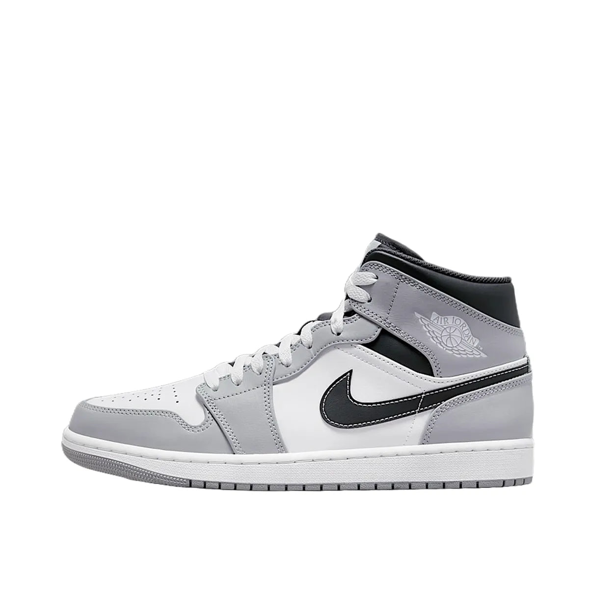 Jordan 1 Mid sneakers, side view, model 554724-078 in smoke grey with anthracite details.