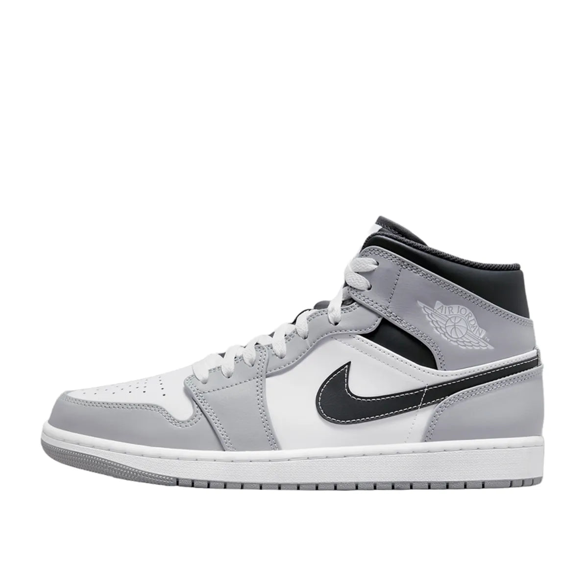 Jordan 1 Mid sneakers (GS), side view, model 554725-078, in light smoke grey with black and white accents.